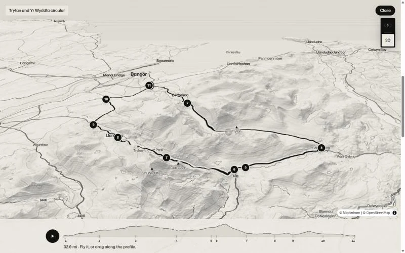 The drive round Tryfan and Yr Wyddfa on a 3D map of Eryri, its stops numbered along the road