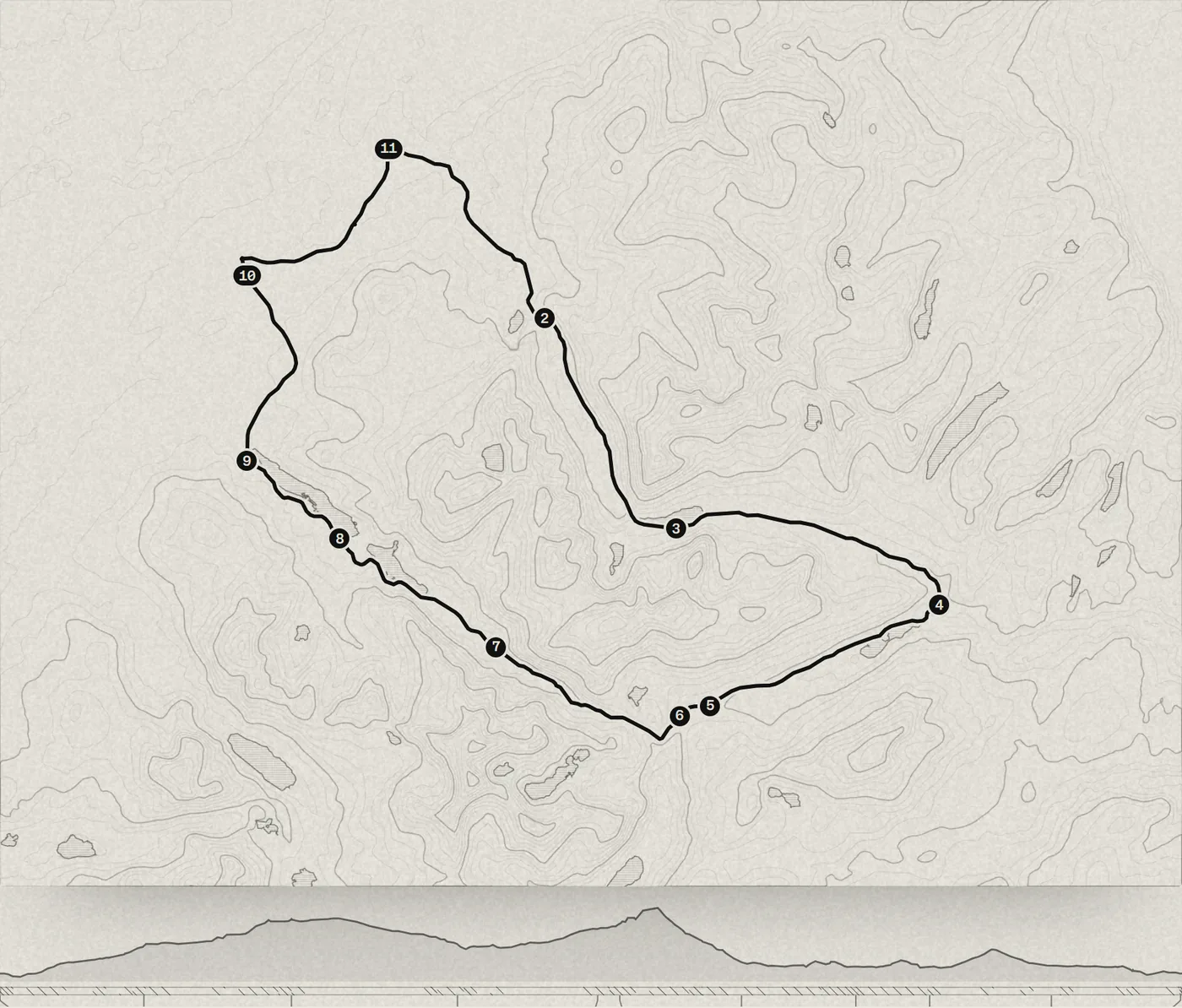 A drive round Tryfan and Yr Wyddfa, drawn on a contour sheet of Eryri, its eleven stops numbered