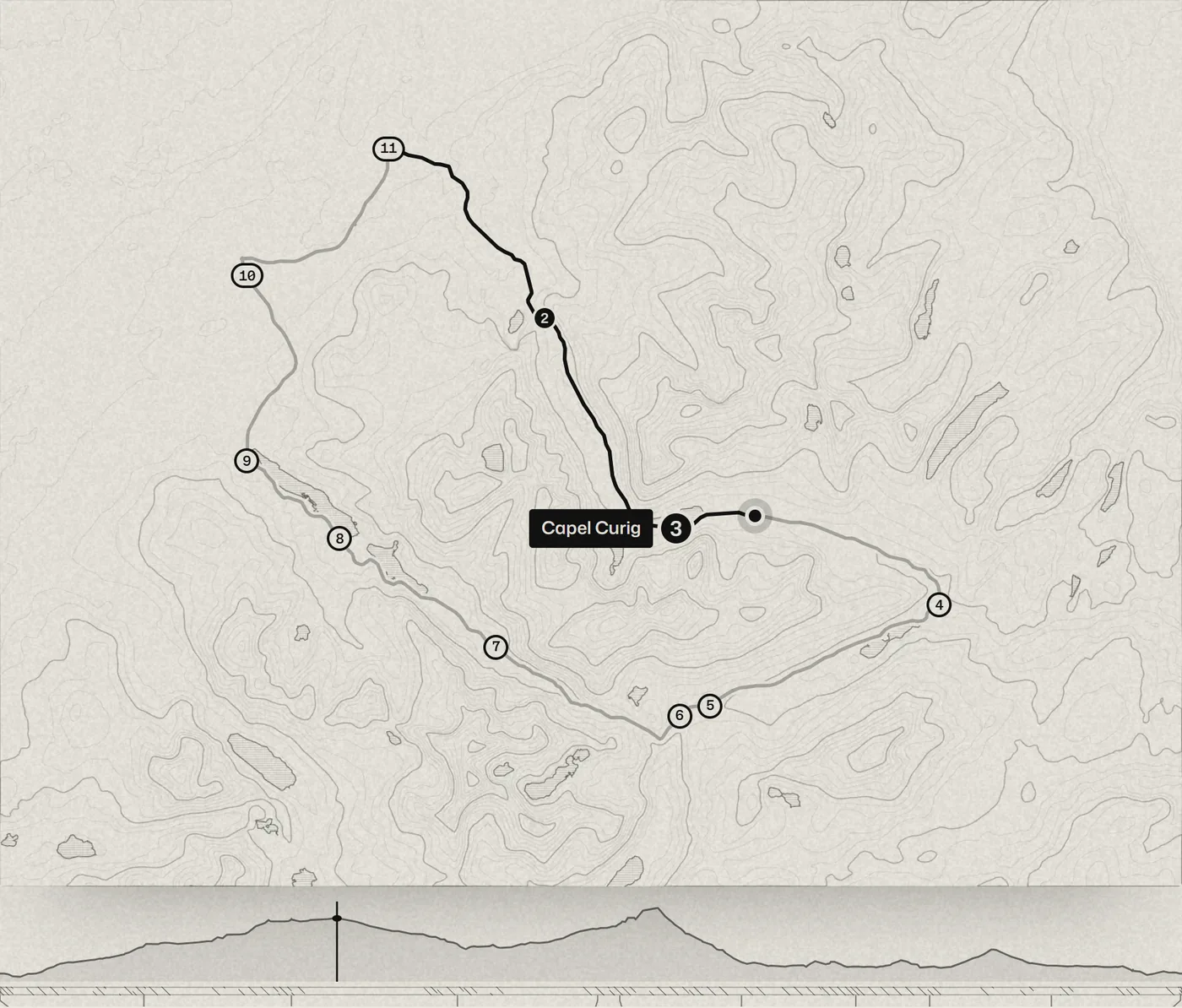 The same drive part way round, the road ahead faint and the car's position marked