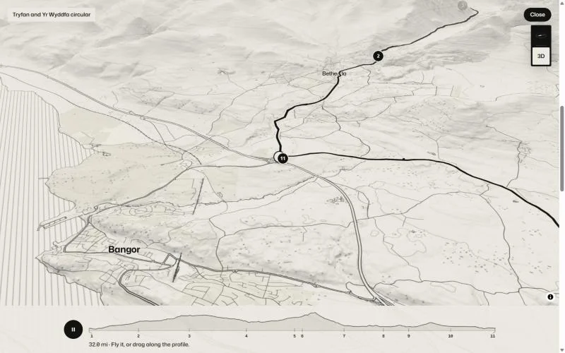 A low view over Bangor towards Bethesda on the 3D map, the drive's road running away into the hills