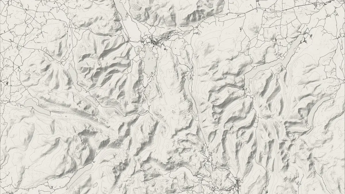 A loop through the Lake District drawn on Find a Drive's engraved map, from Ambleside over Kirkstone and Honister passes and back
